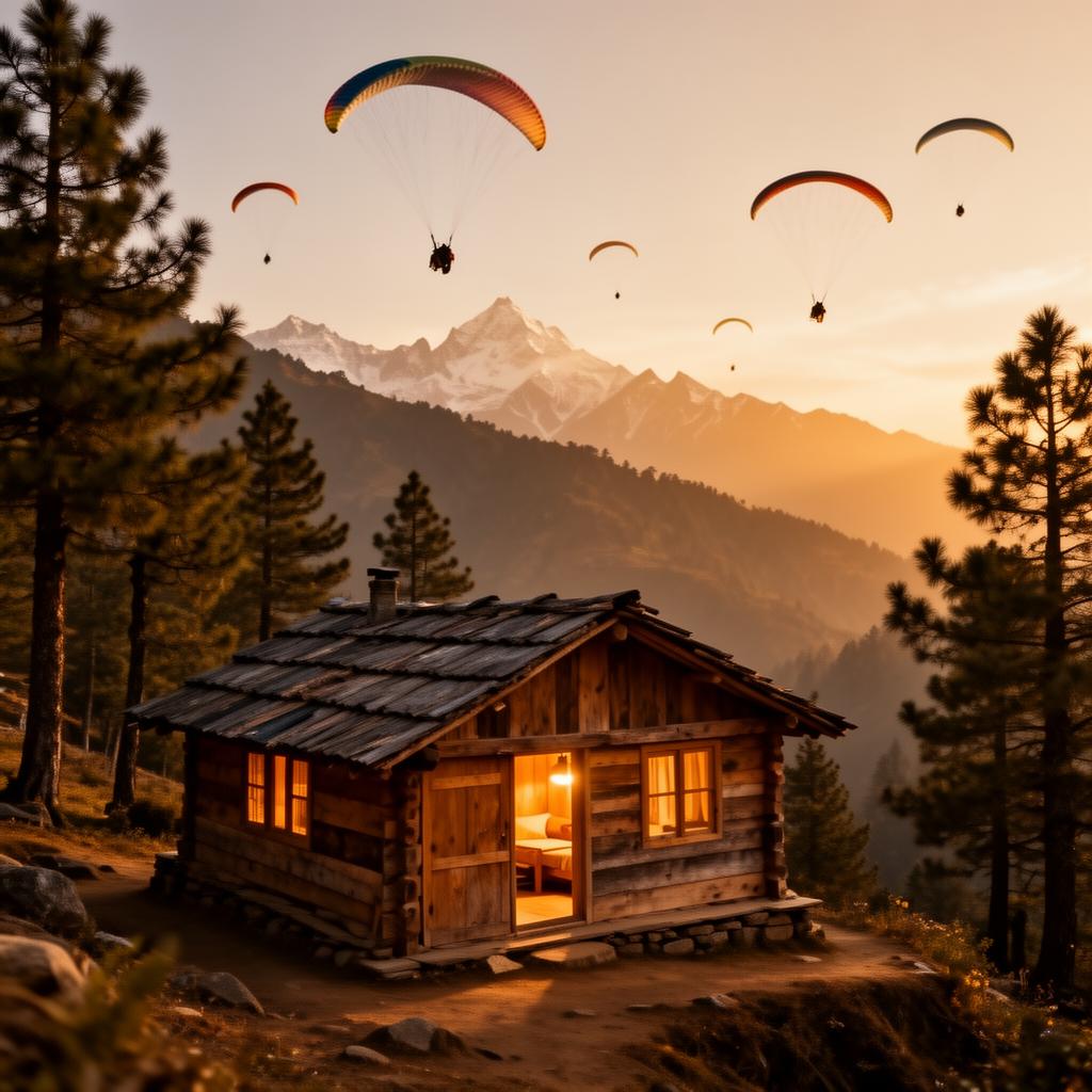 Wooden hut at The Gliders Nest with paragliders flying above the mountains at golden hour